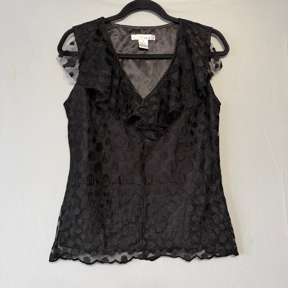 WDNY Womens Whimsigoth Sleeveless Top Size 8 Black Lace Lined Goth V Neck Witchy